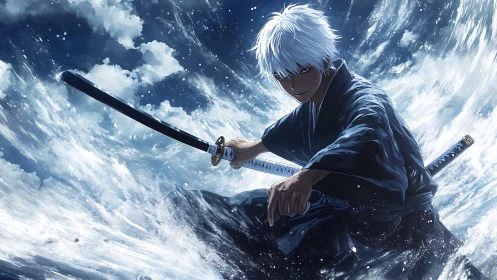 White-haired wavecutter samurai stills a storm of blades.