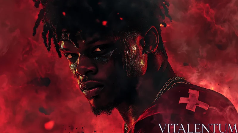 Intense football warrior emerges through swirling red smoke.