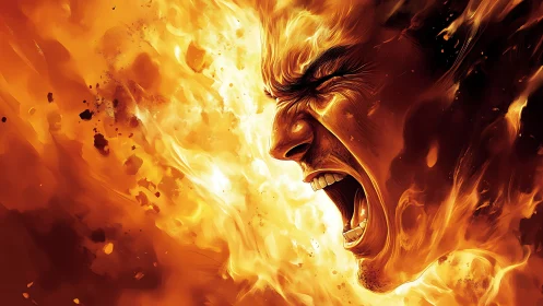 Flaming human scream merges with explosive orange firestorm.