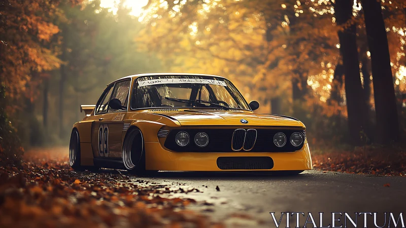 Low-slung vintage BMW track car in misted autumn forest road.