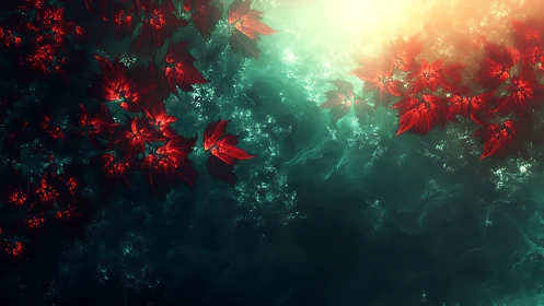 Luminous red blossoms drifting through a glowing teal dream.