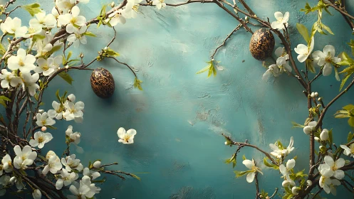 Spring blossom branches frame turquoise Easter eggs flatlay