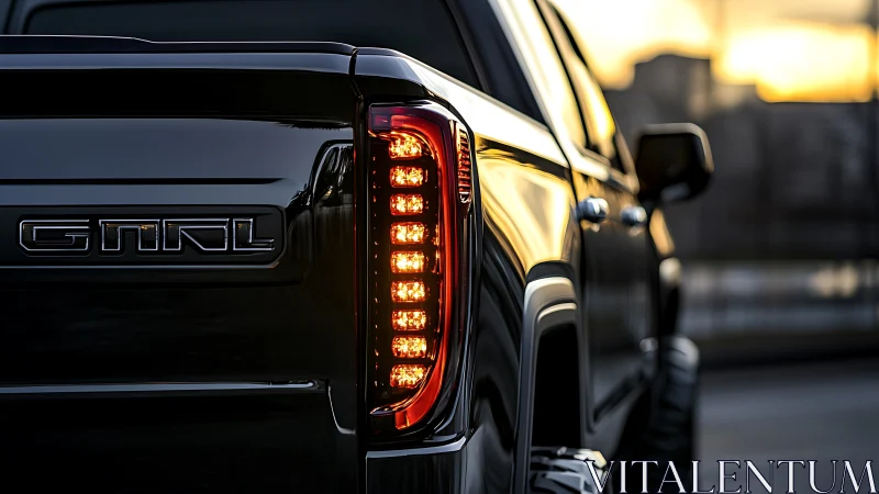 Rear three-quarter truck view shows illuminated vertical taillight