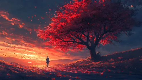 Solitary figure under crimson tree at cinematic sunset horizon