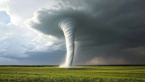 Storm-spun tornado column drilling into luminous green plains.