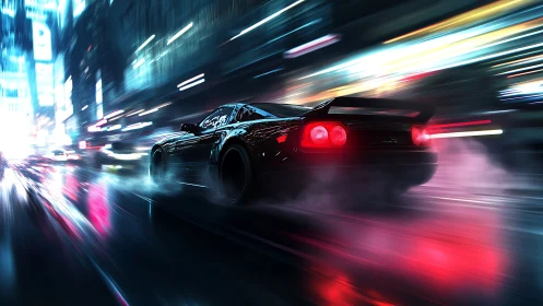 Neon storm racer slicing through electric midnight streets.