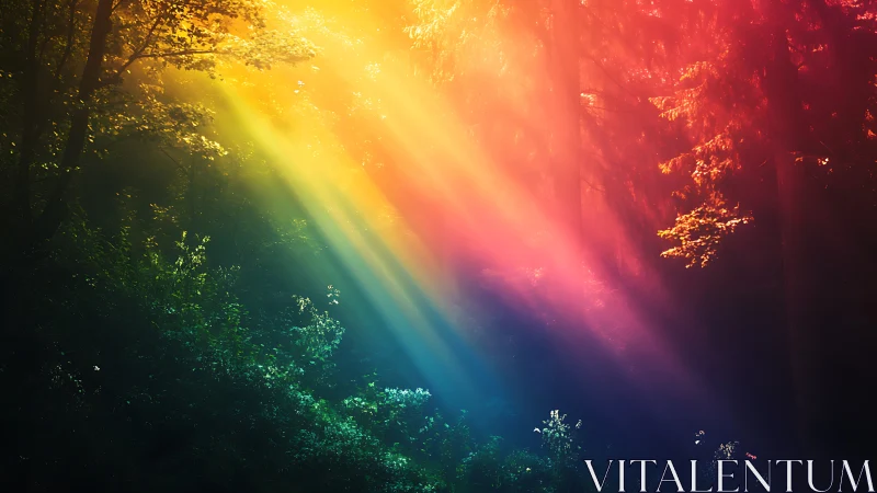 Vivid rainbow sunlight streaming through a magical forest scene.