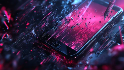 Shattered neon smartphone caught in a glittering freeze-frame.