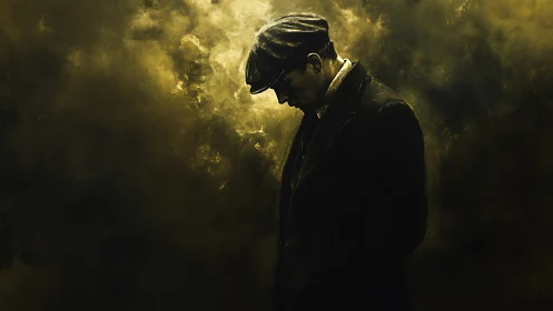 Solitary man in flat cap within golden atmospheric haze