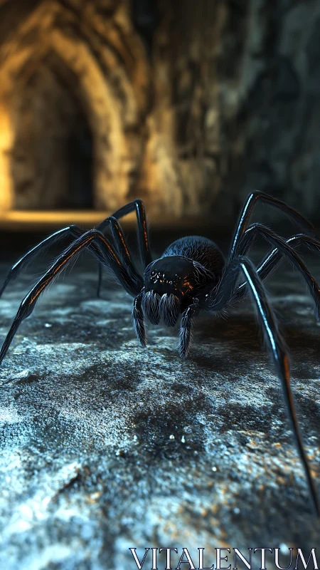 Midnight spider patrols a glowing cavern corridor floor
