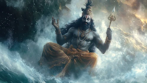 Divine warrior god levitates above storm-torn ocean waves