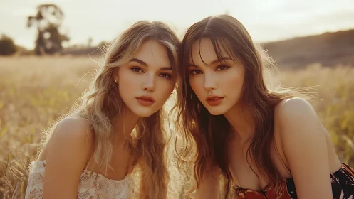 Golden hour portrait captures two young women in soft fields