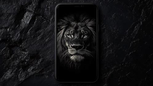Smartphone with monochrome lion portrait on screen.