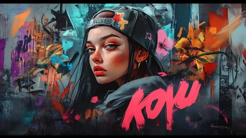Urban graffiti portrait shows confident girl in cap