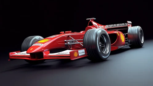 Red Formula-style race car render on dark studio set.