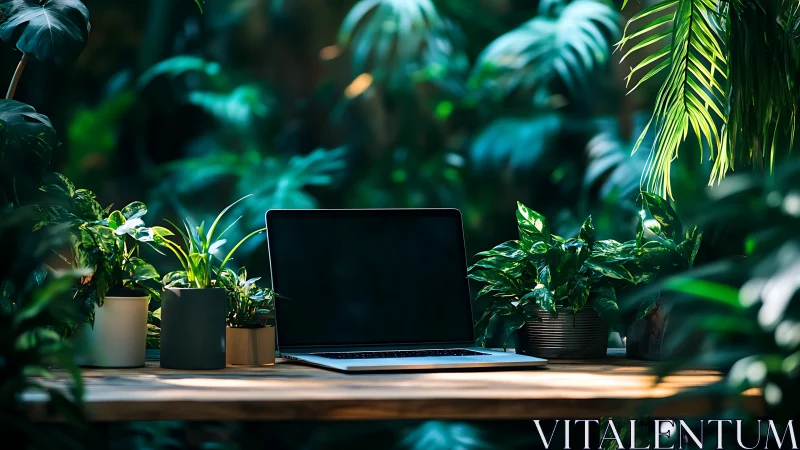 Laptop workspace nestles among lush indoor jungle plants.