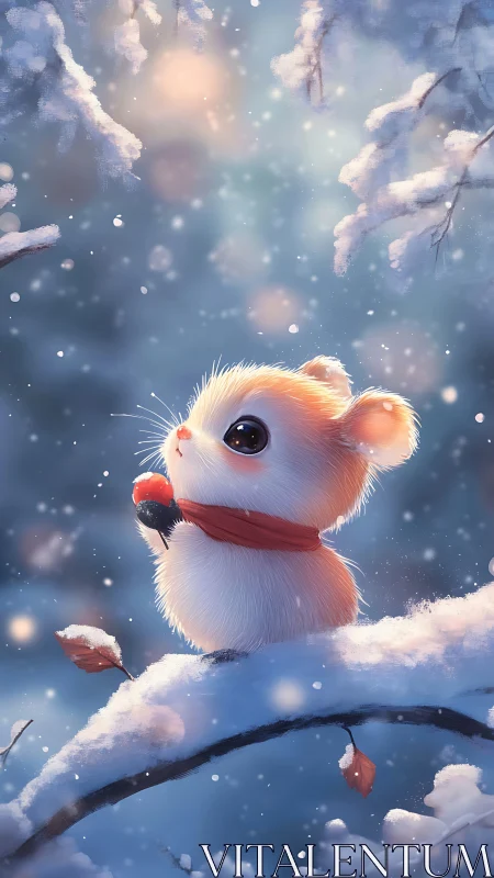 Digital painting of winter mouse on branch with soft bokeh light.
