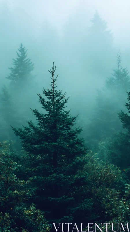 Misty Evergreen Forest Landscape with Atmospheric Depth