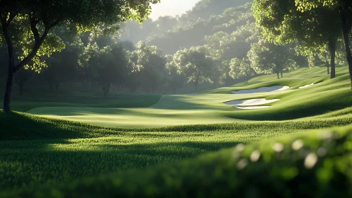 Sunlit tree-lined golf fairway with sculpted bunkers and haze