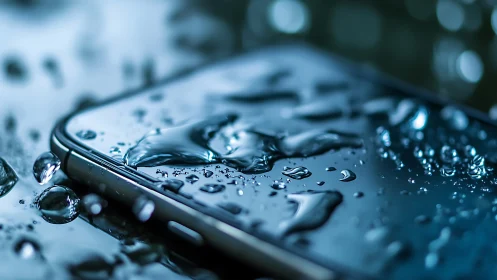 Close-up smartphone surface covered with water droplets.