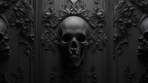 Central human skull relief framed by dark baroque ornament