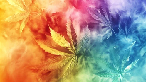Multicolor cannabis leaves in gradient vapor field, high saturation