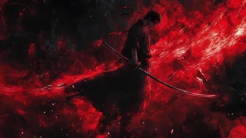 Lone samurai walks through swirling red storm of battle.