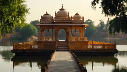 Stone pavilion structure stands symmetrically on a reflective lake