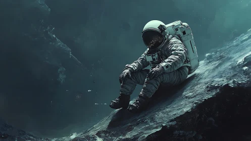 Solitary astronaut sits on sloped extraterrestrial surface