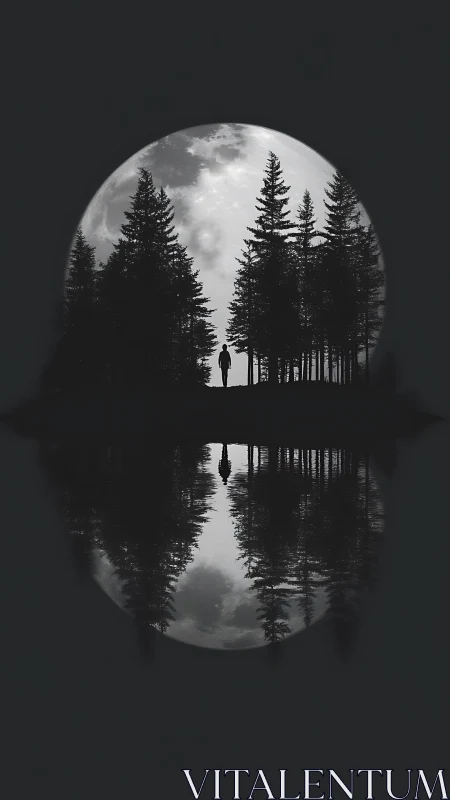 Silhouetted figure by forest lake against full moon reflection.