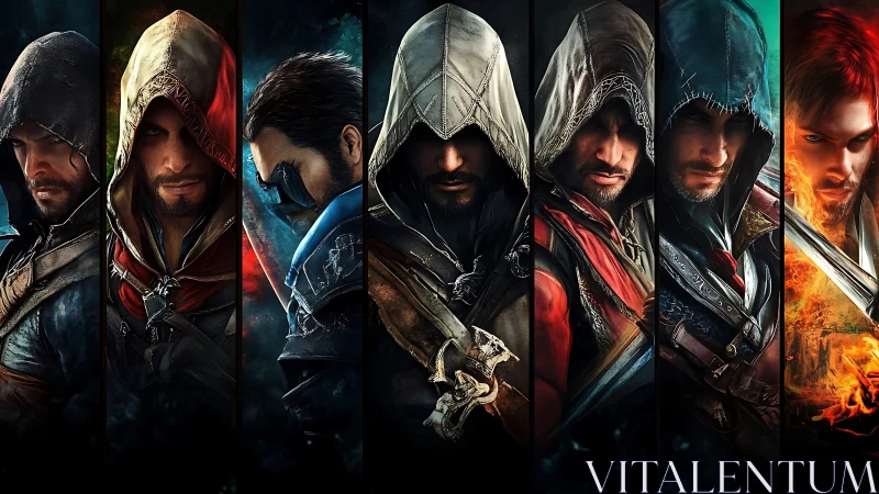 Hooded warriors lineup with blades, layered armor, and firelight