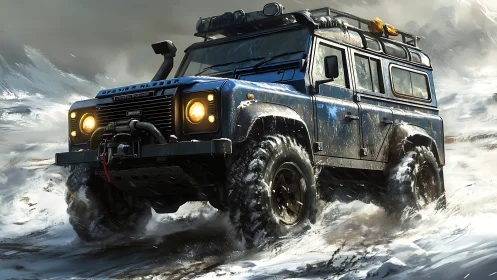Off-road utility truck powers through deep winter snow