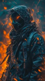 Hooded figure in gas mask amid stylized orange flames.