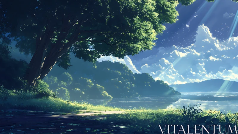 Radiant riverbank canopy with volumetric sky illumination.