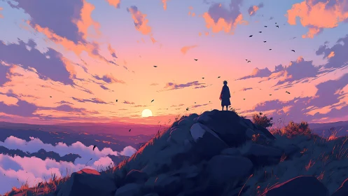 Lone silhouette watches blazing pastel sunset horizon