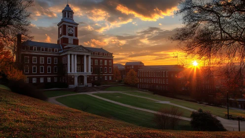 Classical brick campus complex under warm, low-angle sunset lighting