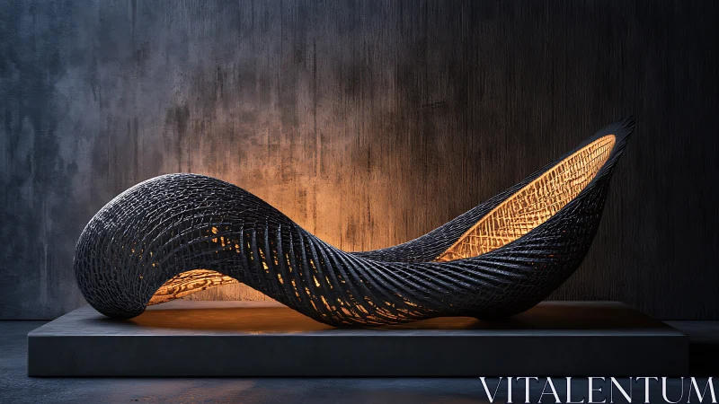 Woven Black Wing Sculpture with Backlit Gold Interior.