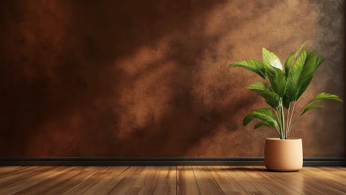 Potted green plant stands against textured brown wall