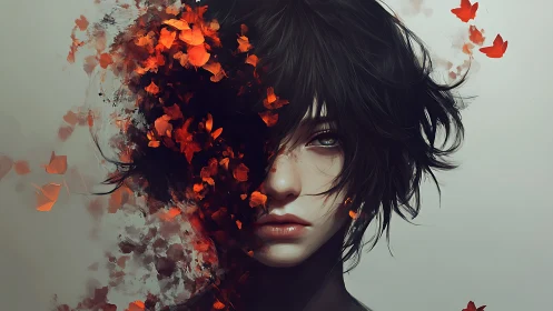 Digital portrait with disintegrating butterfly particulate veil.