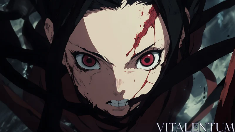 Bloodstreaked anime warrior unleashing feral, crimson gaze.