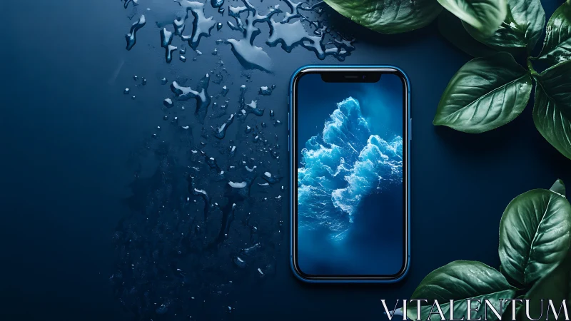 Waterproof smartphone on blue surface with leaves and drops.