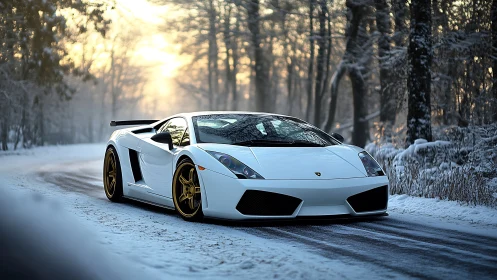 Aerodynamic supercar poised on snow-covered forest roadway.
