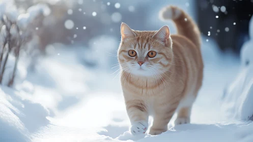 Ginger and white cat walking through snowy landscape.