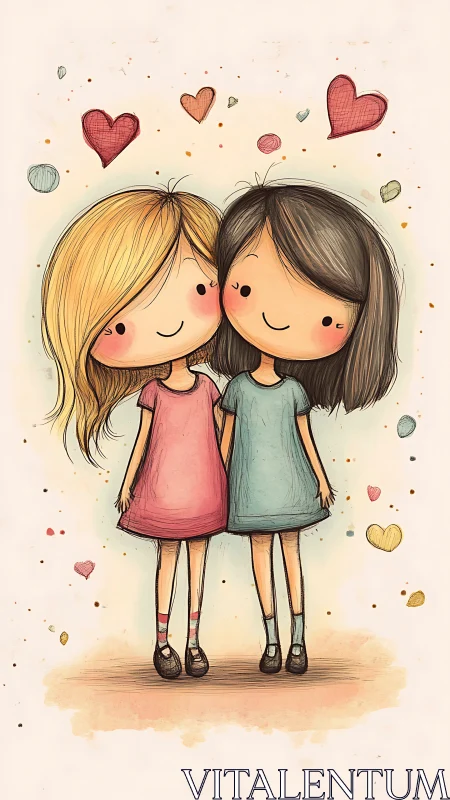 Two girls kissing with floating hearts in warm watercolor illustration.