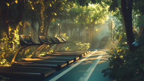 Sunlit forest treadmills invite gentle, energizing workouts