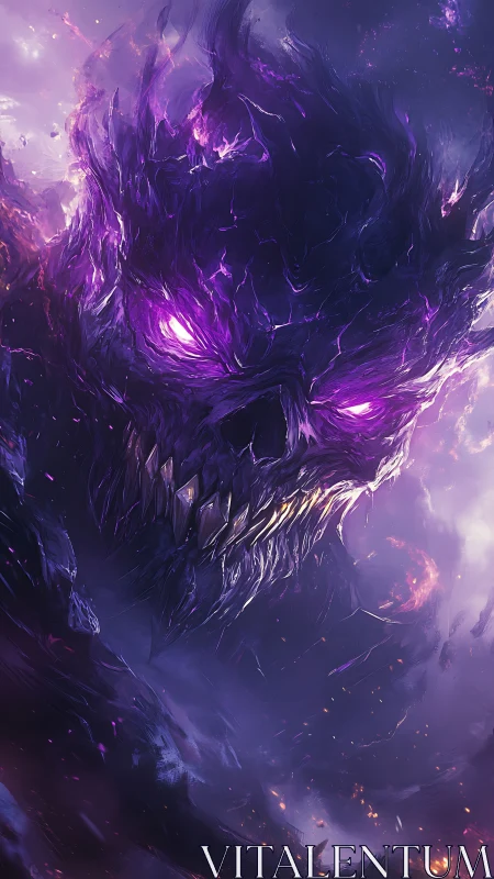 Violet flame demon emerges from swirling cosmic darkness