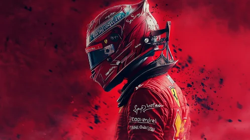 Racing driver in red suit stands amid abstract motion blur.