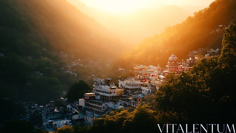 Photorealistic hill town at sunrise with temple focal point.