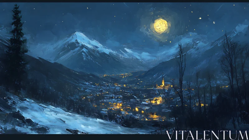 Moonlit alpine village glows beneath snowcapped peaks.