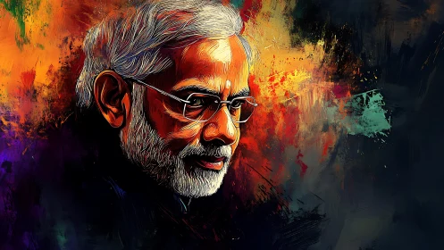 Reflective elder framed by blazing color storm of thought.